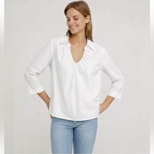 Preppy White Cotton Popover Blouse Gathered Neck Tunic NWT Harshman 1X